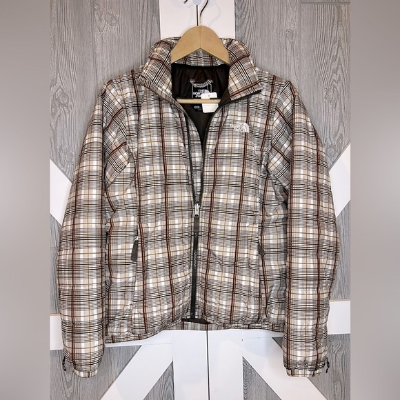 B15.28 The North Face Plaid Puffer Jacket Brown/Tan Women’s Small - Picture 1 of 8